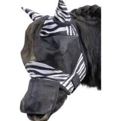 Fliegenmaske Zebra Shetty, abnehmbarer Nüsternschutz, mit Ohren, Fliegenschutzmaske