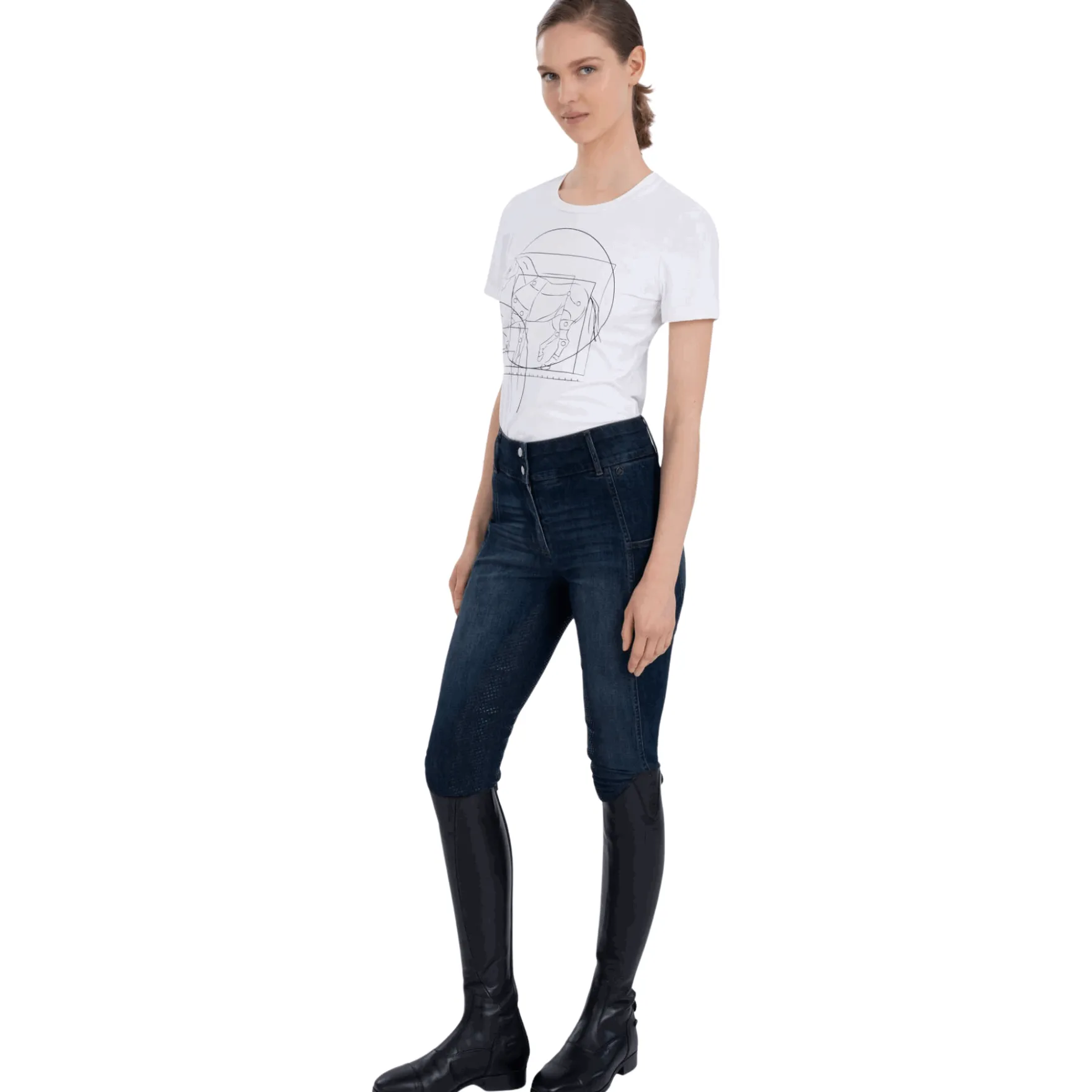 Reithose Damen ESClassic Slim, Vollbesatz, Full-Grip, High Waist, Jeansreithose